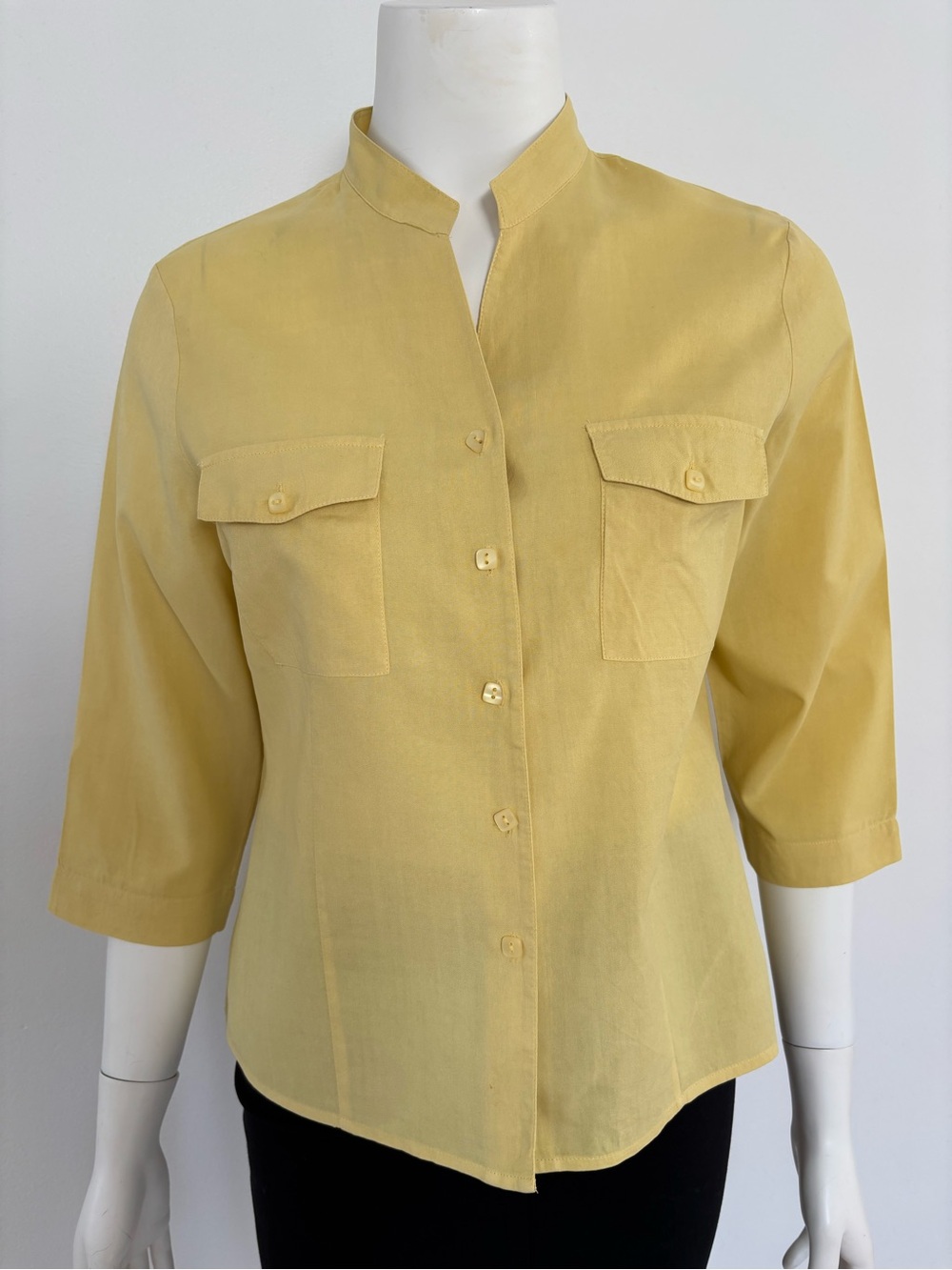 Kim Rogers Yellow Mandarin Collar Button-Front Shirt